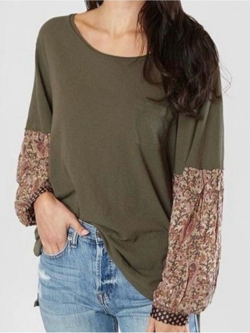 We The Free Olive Green Top with Printed Boho Floral Puff Sleeves